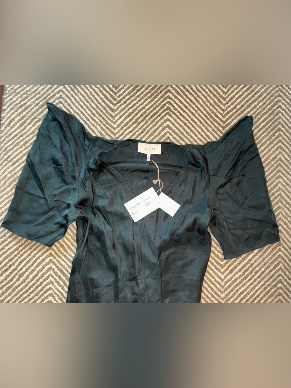 THE GREAT. Dark Green Satin Maxi Dress with Short Puff Sleeves - Picture 6 of 8
